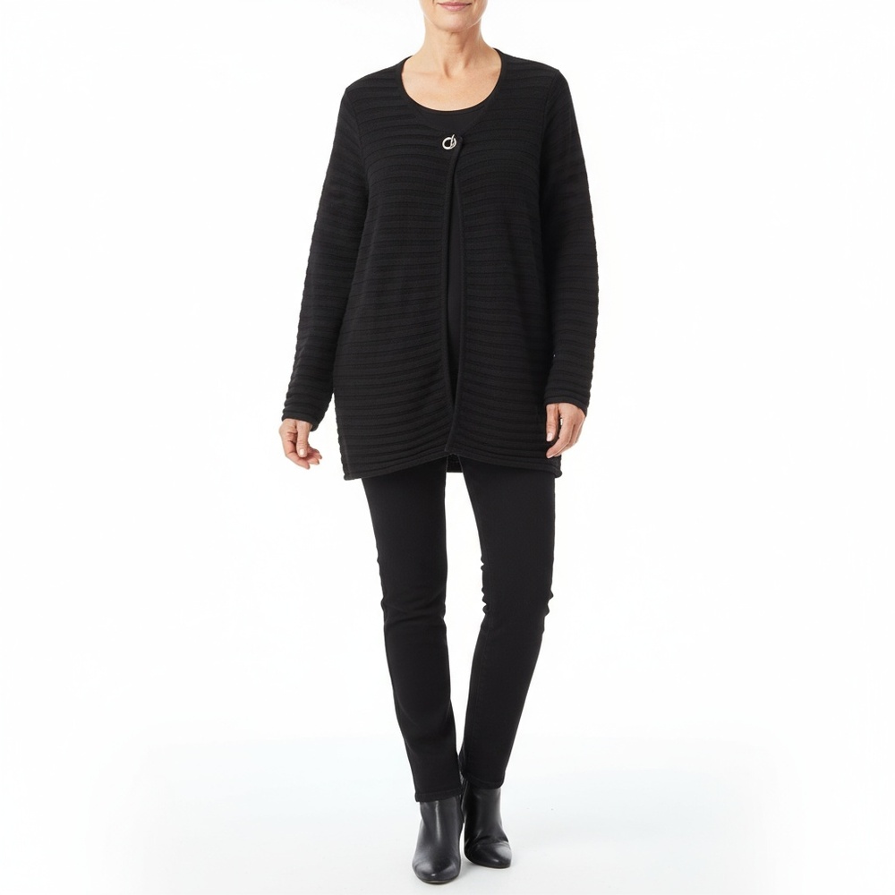 Denim & Co Cardigan Womens Size 2X Black‎ Ribbed V-Neck Toggle Closure Casual